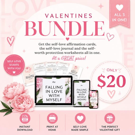 Self Love Bundle, Valentines Bundle, mental health, digital journal, depression, love, Self Care, Healing, worksheet, affirmation cards