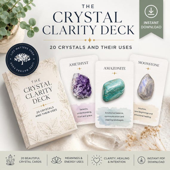 Watercolor Crystal Meaning Cards, Reiki Healing Benefits (Printable Template)