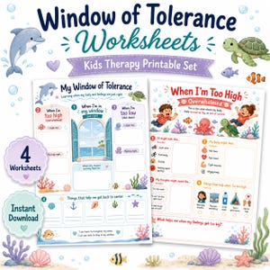 May include: A set of four printable therapy worksheets titled Window of Tolerance Worksheets for kids. The pages feature ocean-themed illustrations including a dolphin, sea turtle, and coral, with text sections for identifying feelings, body sensations, and coping strategies.