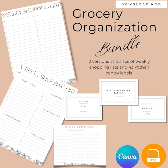 Printable Grocery List & Pantry Label Template (PDF, Canva)
