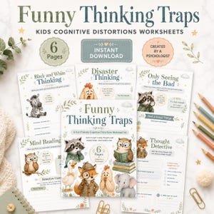 May include: A set of six printable worksheets titled "Funny Thinking Traps" for kids. The worksheets, created by a psychologist, feature illustrations of animals and address cognitive distortions. The words "Instant Download" are also visible.