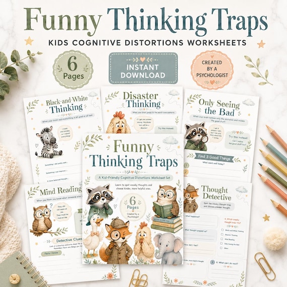 Cognitive Distortions for Kids: Therapy Worksheets, Anxiety Coping Skills, Thinking Errors, CBT Tools for Children