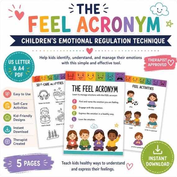 Children's Emotional Regulation Worksheets, FEEL Acronym, Coping Skills (Digital Download)