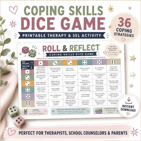 Coping Skills Dice Game Printable Teen Therapy Dice Game: Interactive Group Therapy for Teens, Emotional Growth