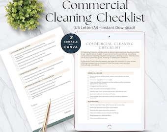 Lista de verificação para limpeza comercial, modelo editável do Canva (download digital)