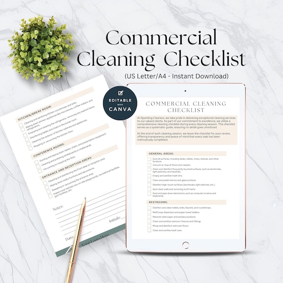 Commercial Cleaning Checklist, Editable Canva Template (Digital Download)