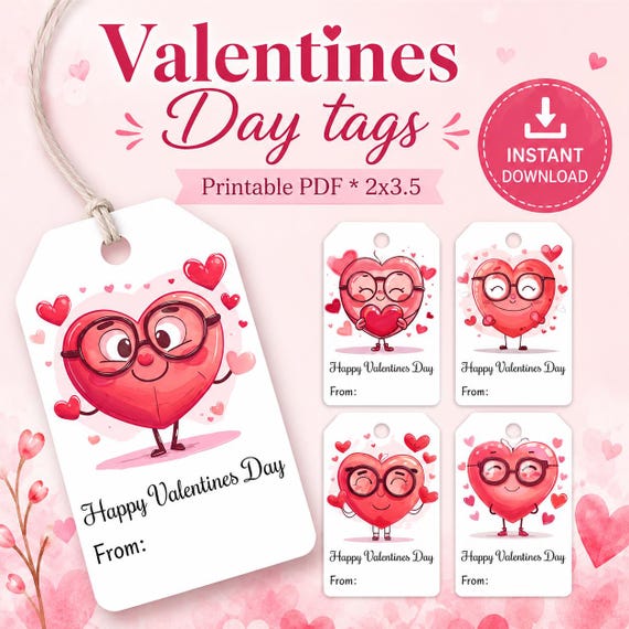 Printable Valentine's Day Gift Tags, Heart with Sunglasses (PDF Download)