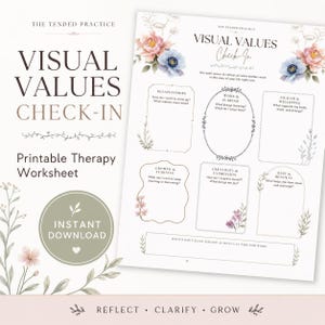Puede incluir: Una hoja de trabajo de terapia imprimible titulada "Visual Values Check-In" con acentos florales. El diseño incluye secciones para la reflexión sobre las relaciones, el trabajo, la salud, la creatividad y el descanso. También se ve la palabra "Descarga instantánea".