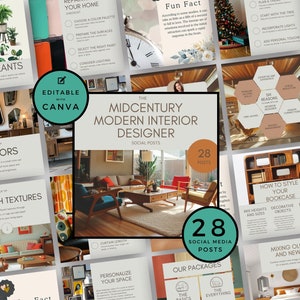 Interior Designer Social Media Posts, Canva, Home Decor Marketing, Instagram Post Templates, IG, Midcentury Modern, Real Estate Marketing