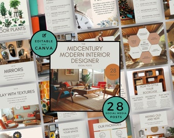 Midcentury Modern Interior Design Social Media Posts, Canva Templates