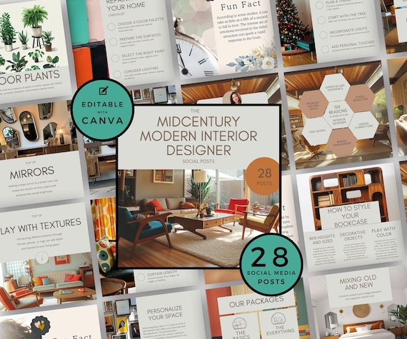 Midcentury Modern Interior Design Social Media Posts, Canva Templates