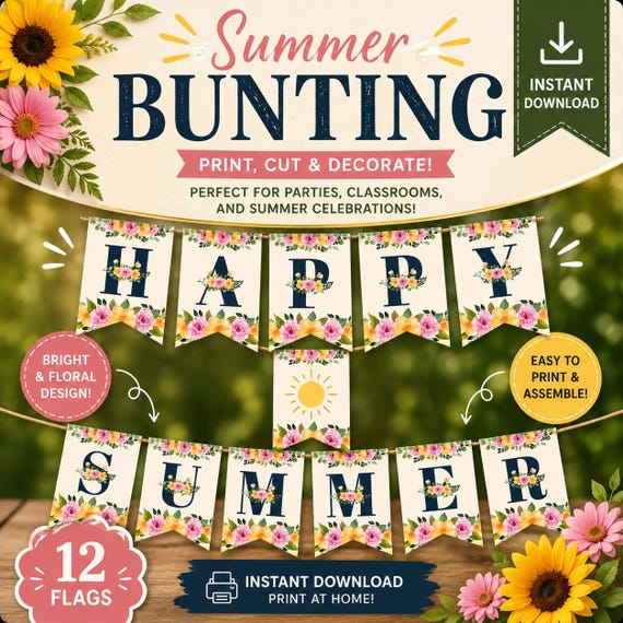 Happy Summer Printable Bunting Banner, Swallowtail Design (Instant Download)