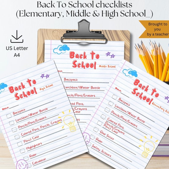 Back to School Checklist Bundle, Elementary, Middle, High School (PDF)