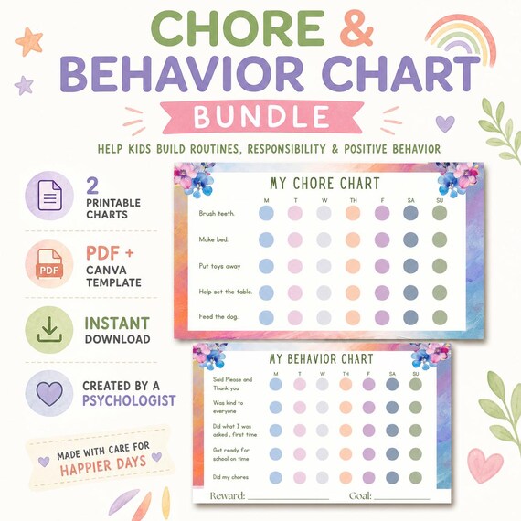 Preschool Behavior Chart, Daily Chore, Visual Aid (PDF & Canva)