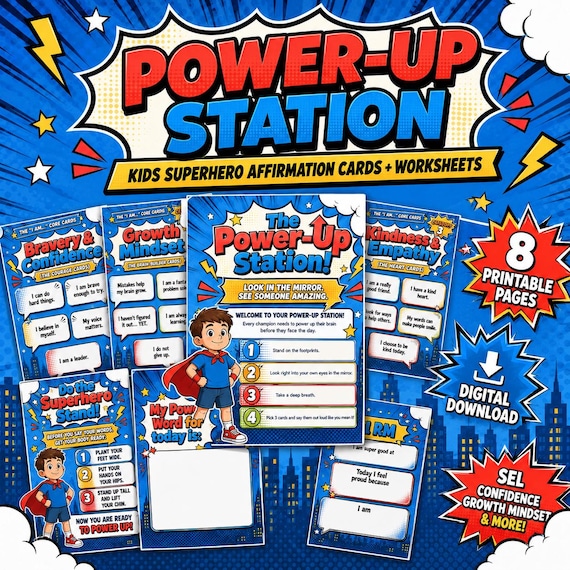 Superhero Therapy Worksheets for Preschool Kids, Children's Affirmation Cards, SEL Growth Mindset