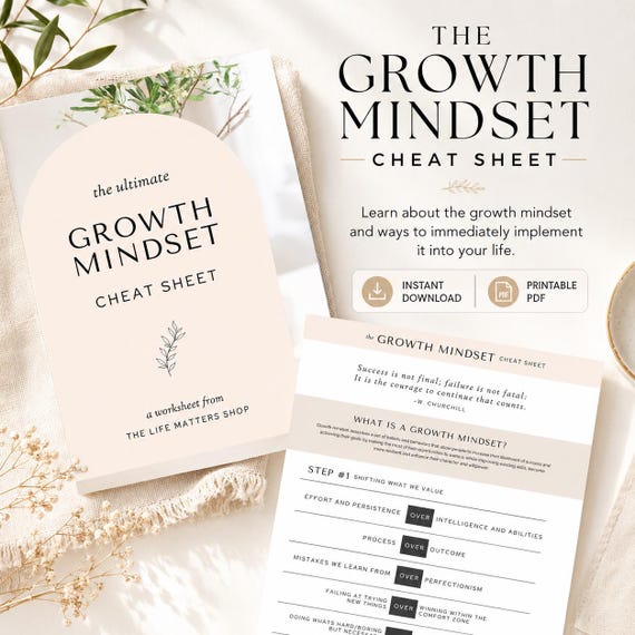 Growth Mindset cheatsheet, Life Coaching, Counseling, Therapist Workbook Handouts, digital download, editable, PRINTABLE