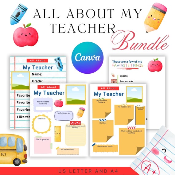 All About My Teacher Printable Bundle, Teacher Appreciation (CANVA Editable)