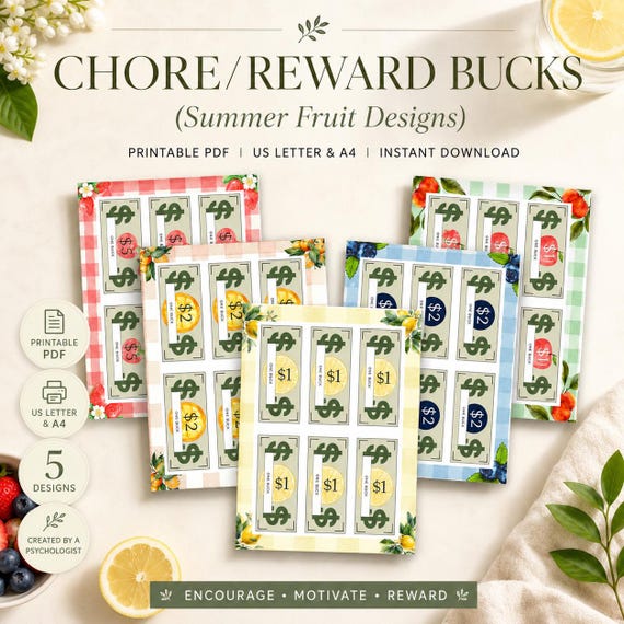 Fruit Play Money: Kids Chore & Reward Bucks (PDF)