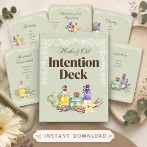 May include: A deck of cards titled Herbs & Oil Intention Deck with a light green background and floral borders. The cards feature watercolor illustrations of essential oil bottles, herbs, and text labels like Fertility, Clarity, and Intuition.