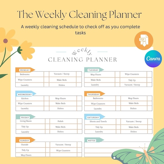 Editable Weekly Cleaning Planner, Chores Checklist (PDF & Canva)