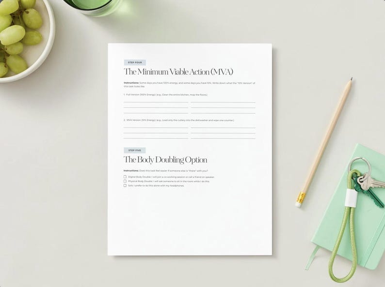 Pode incluir: Uma folha de papel branca com texto, um l&aacute;pis, um pequeno caderno verde e um cacho de uvas verdes numa tigela branca. O papel tem o t&iacute;tulo "The Minimum Viable Action (MVA)" e "The Body Doubling Option".
