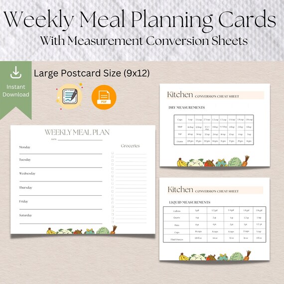 Weekly Meal Planner Printable | Grocery List & Conversion Charts (Digital Download)