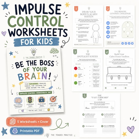 Impulse Control Workbook for Kids, Emotional Regulation, Self-Control Strategies, ADHD Therapy Worksheets