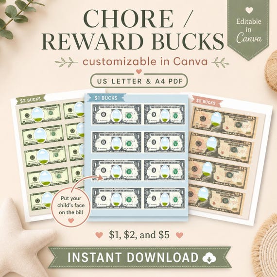 Play Money Printable: Chore Reward Bucks, Customizable Template (PDF)