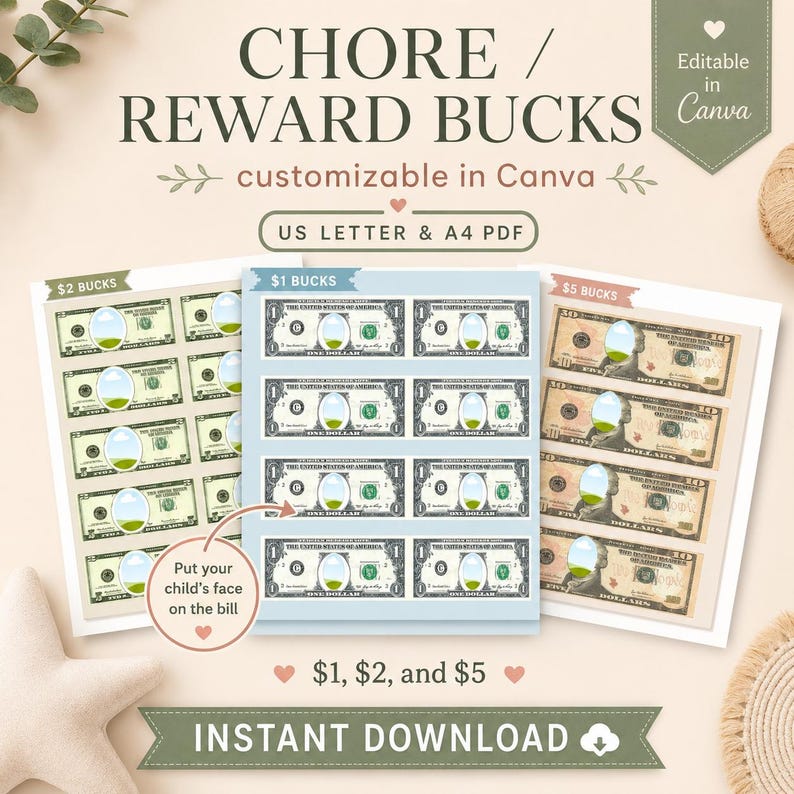 Custom Play Money Example Play Money Printable: Chore Reward Bucks, Customizable Template (PDF ...