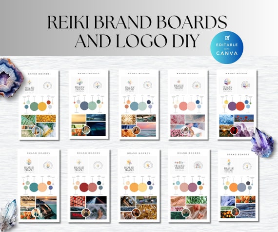 Reiki Brand Board Template, Logo Design, Ethereal Branding Kit (Canva Editable)