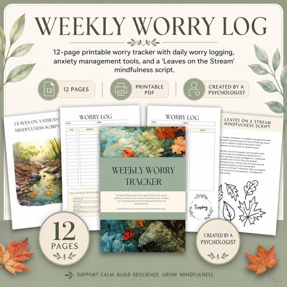 Weekly Worry Log, Anxiety Relief CBT Worksheets (PDF Pattern)