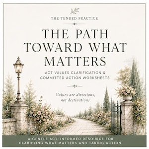 Puede incluir: Una portada de libro con el título "THE PATH TOWARD WHAT MATTERS" en letras grandes y en negrita. La portada presenta una ilustración en acuarela de un camino de piedra que conduce a una puerta, con una farola y arreglos florales a ambos lados. El texto dice "ACT VALUES CLARIFICATION & COMMITTED ACTION WORKSHEETS."