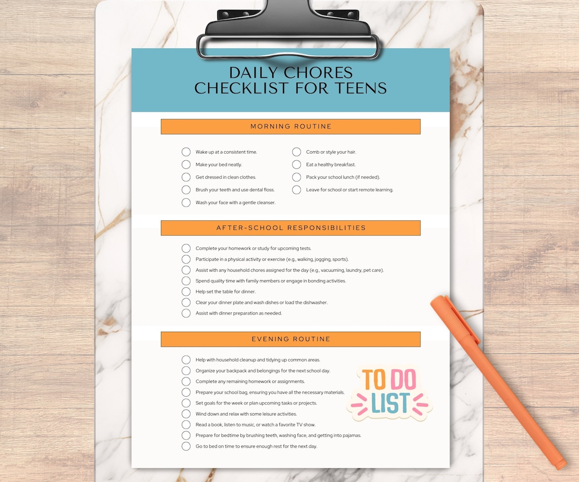 Chore Chart for Teens | Kids Daily Weekly Schedule | Responsibility ...