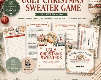 May include: A festive Ugly Christmas Sweater Game set with sign-up sheets, contest instructions, judging criteria, and a customizable certificate. The design features illustrations of holiday sweaters and the text "Ugly Christmas Sweater Game".