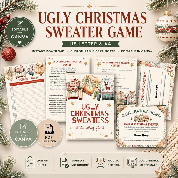 Ugly Christmas Sweater Party Game | Holiday Favors | Ugly Sweater Photo Booth Props | Christmas Printable Games | Office Christmas Game