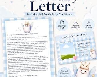 Printable Tooth Fairy Letter & Certificate, Editable Canva Template (PDF)