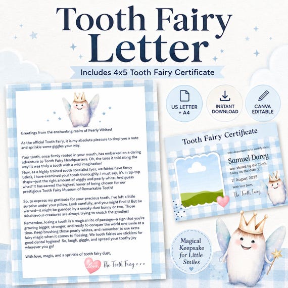 Printable Tooth Fairy Letter & Certificate, Editable Canva Template (PDF)