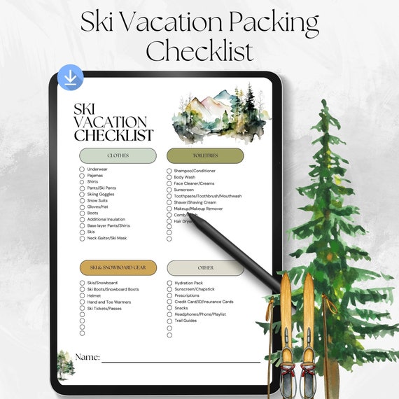 Ski Trip Packing List Printable, Family Vacation Planner (PDF)