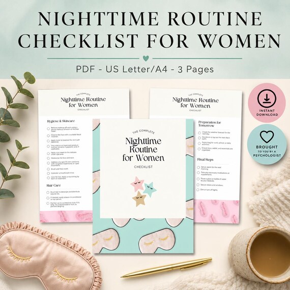 Nighttime Routine Checklist for Women, Self-Care (PDF)