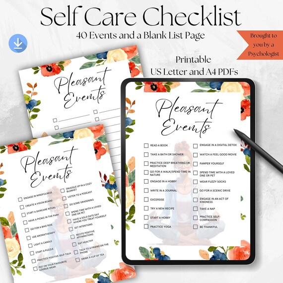 Mental Health Checklist worksheet, Pleasant Events, Positive Activity Planner, Mindfulness, Challenge, Self-Worth, Self-Care, Printable