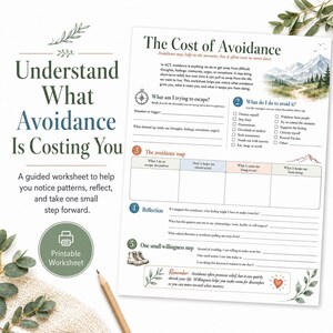 Op de afbeelding: Een printbaar werkblad getiteld The Cost of Avoidance, met secties voor reflectie, een vermijdingskaart en een stap naar bereidwilligheid. Het document bevat een berfillustratie, een kompassymbool en een paar laarzen met tekst.