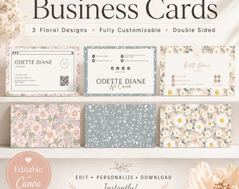 Sjablonen voor visitekaartjes met bloemen, bewerkbare canvasontwerpen (direct downloaden)