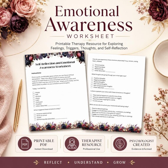 Emotional Awareness Worksheet, Self-Reflection, Moody Floral Design (PDF Download)