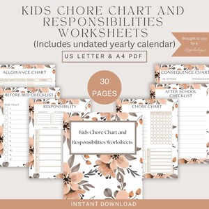 Printable Kids Chore Charts, Reward, Allowance, Screen time, School Routine, Behavior Chart, Consequences, Daily Checklist, Weekly Chores