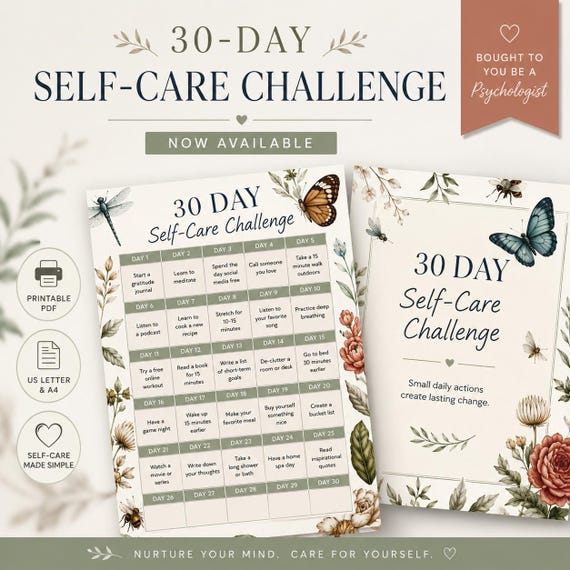 30-Day Self-Care Challenge Tracker, Wellness Planner (PDF)