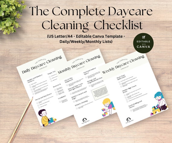 Daycare Cleaning Checklist Template, Daily Weekly Monthly (Canva Editable, US Letter/A4)
