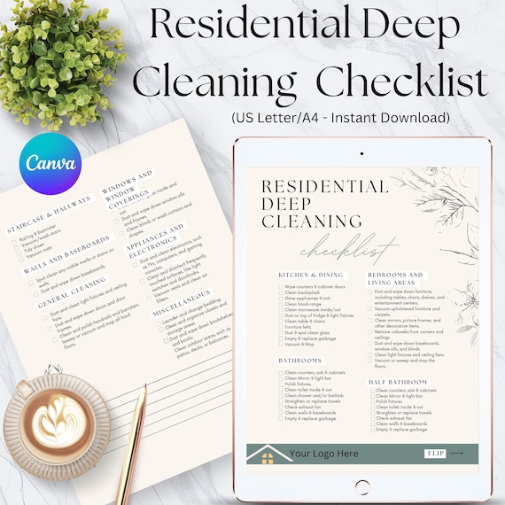 Residential Deep Cleaning Checklist, Editable Canva Template (US Letter/A4)