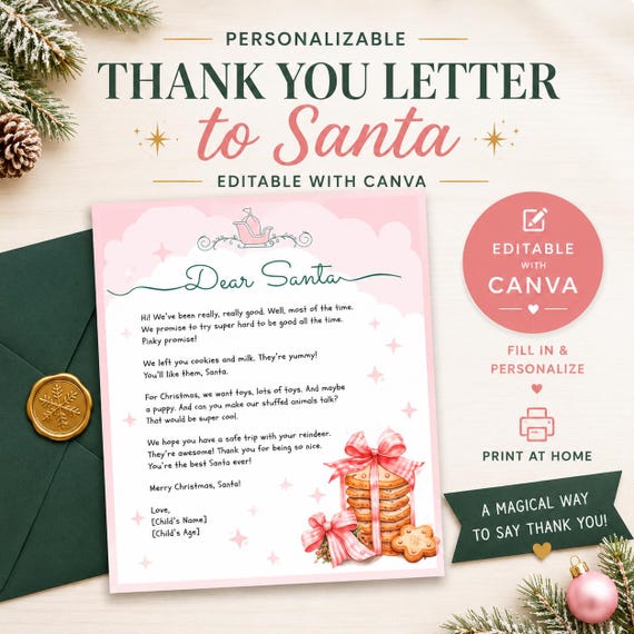 Personalized Santa Letter, Dear Santa, Message to Santa, Canva, Letter To Santa, Thank you Note To Santa, Customizable Letter to North Pole