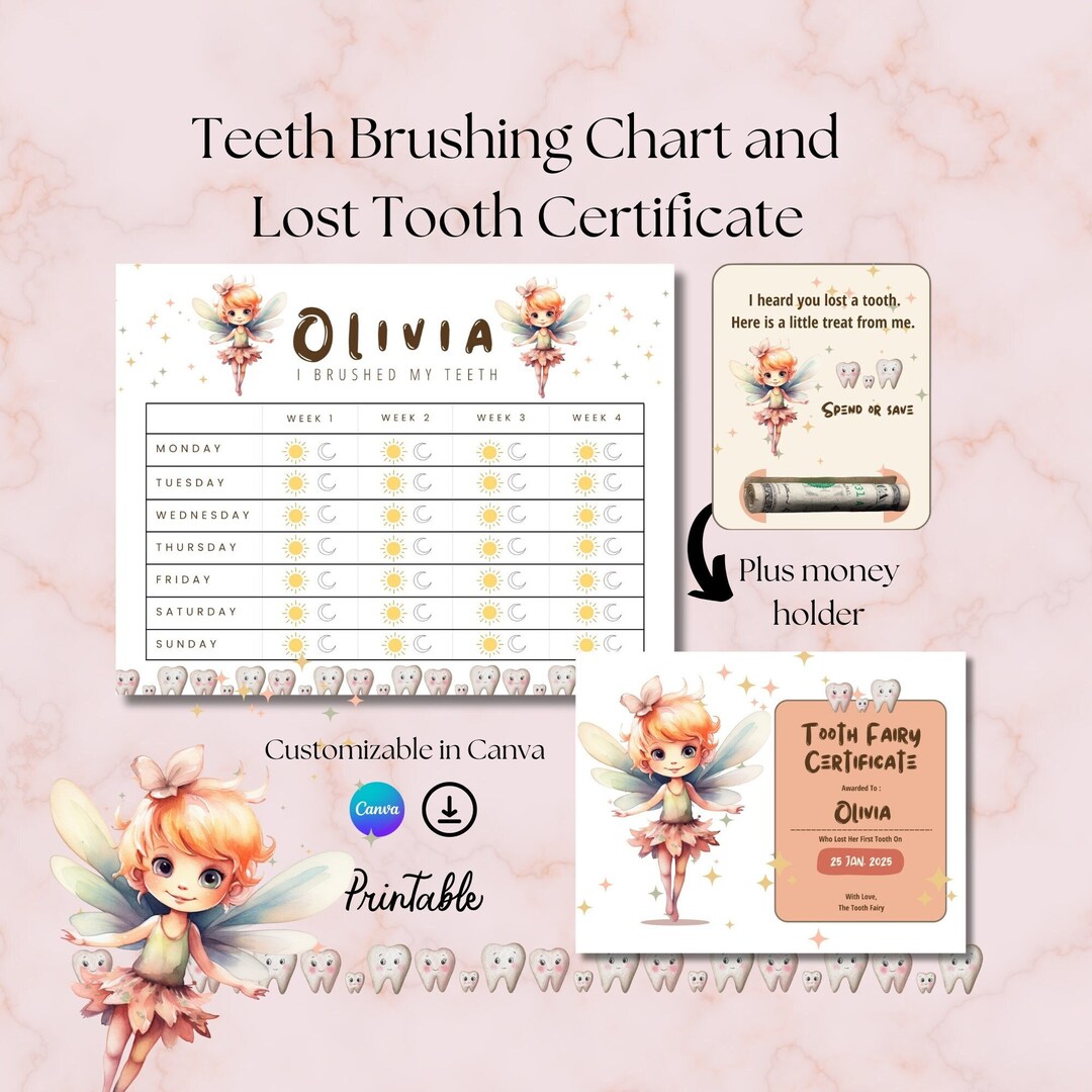 Toddler Teeth Brushing Chart, Lost Tooth Certificate, Tooth Fairy Bucks Holder, Kids Habit ...