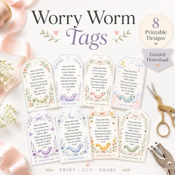 Worry Worm Tags - Printable Gift Tags For Worry Worm Poem & Crochet Worm Gifts